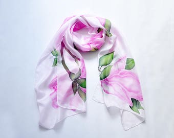 Hand Painted Long Silk Scarf with magnolias. Very soft colors of pink. Size 45x180cm.