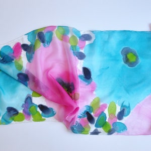 Hand Painted Silk Scarf with pink and turquoise poppies-Long Silk Scarf-Flower scarf-colored scarf-women birthday gifts zdjęcie 4