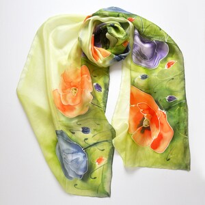Long silk painted poppy shawl,hand-painted silk scarf in colorful poppies,Flowers silk scarves, Summer scarf,Handmade scarf image 9