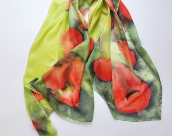 Hand painted silk scarf with poppies. Hand Painted Big Long Silk Scarf with poppy meadow. Red, orange, bright green, dark green,pareo