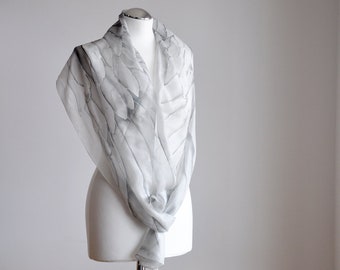 Gray Silk Scarf, Wings Shawl, Long Scarf, Hand painted scarf with wings,Silk scarf wings, grey and white silk scarf