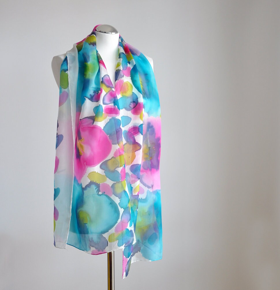 Hand Painted Silk Scarf With Pink Poppies on a Colored - Etsy