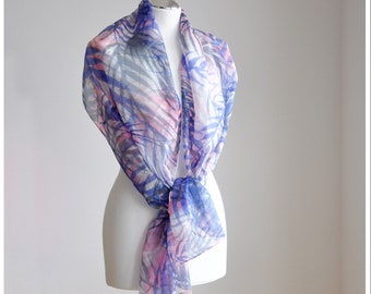 Hand Painted Long Silk Scarf in graphic pattern.Scarf in pastel shades of light pink, blue and navy blue. Unique gift