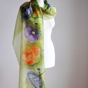 Long silk painted poppy shawl,hand-painted silk scarf in colorful poppies,Flowers silk scarves, Summer scarf,Handmade scarf image 8