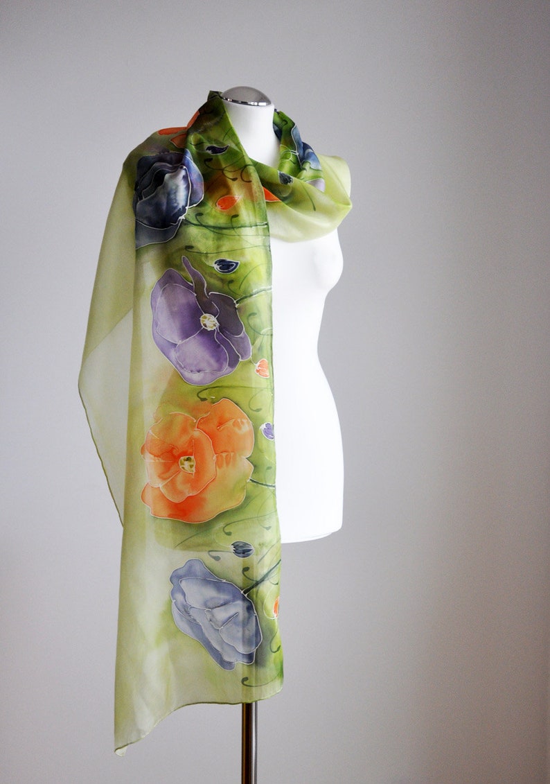 Long silk painted poppy shawl,hand-painted silk scarf in colorful poppies,Flowers silk scarves, Summer scarf,Handmade scarf image 8