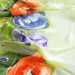 Long silk painted poppy shawl,hand-painted silk scarf in colorful poppies,Flowers silk scarves, Summer scarf,Handmade scarf image 3