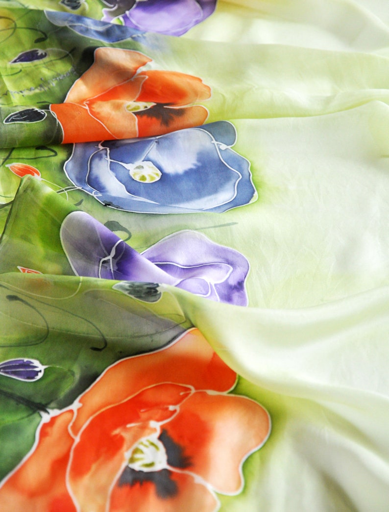 Long silk painted poppy shawl,hand-painted silk scarf in colorful poppies,Flowers silk scarves, Summer scarf,Handmade scarf image 3