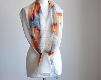 Long silk scarf with poppies- hand painted poppy scarf -orange poppies - flowers silk scarves - summer scarf.Birthday Gift-gift for Mom