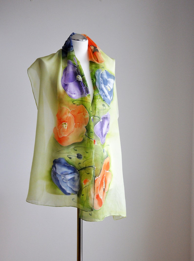 Long silk painted poppy shawl,hand-painted silk scarf in colorful poppies,Flowers silk scarves, Summer scarf,Handmade scarf image 5