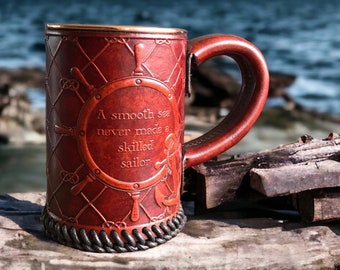 Custom Embossed Leather Tankard - Stein - Mug - Hammered Copper Interior -  Sailors Nautical Pattern Design - 22 oz - 1 UK pint Hand Crafted