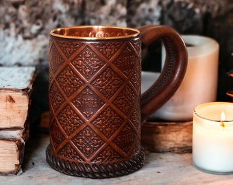 Custom Embossed Leather Tankard - Stein - Mug - Hammered Copper Interior Medieval Gothic Monogram Design - 22 oz - 1 UK pint - Hand Crafted