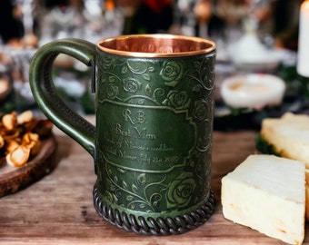 Custom Embossed Leather Tankard - Stein - Mug - Hammered Copper Interior Personalised Rose Pattern Design - 22 oz - 1 UK pint Hand Crafted