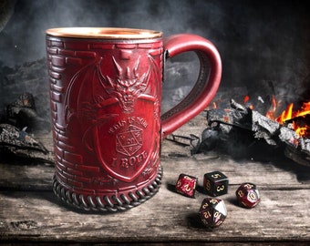 Dragons in Dungeons - Custom Embossed Leather Tankard - Stein - Mug - Hammered Copper Interior - 22 oz - 1 UK pint Hand Crafted