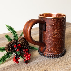 Embossed Leather Tankard Stein Mug Hammered Copper Interior Rose Pattern Design 22 oz 1 UK pint Hand Crafted image 3