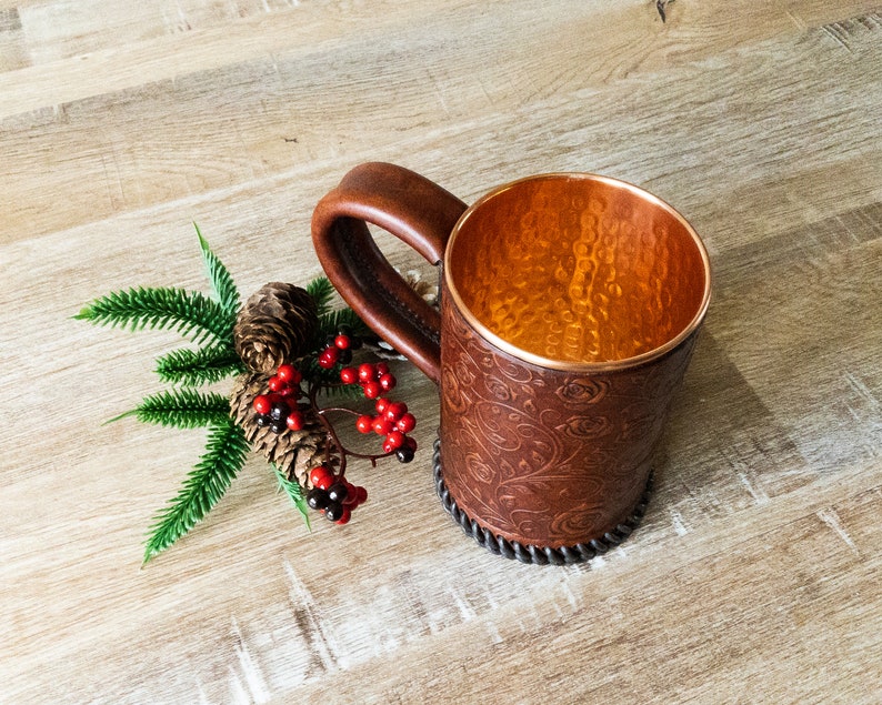 Embossed Leather Tankard Stein Mug Hammered Copper Interior Rose Pattern Design 22 oz 1 UK pint Hand Crafted image 4