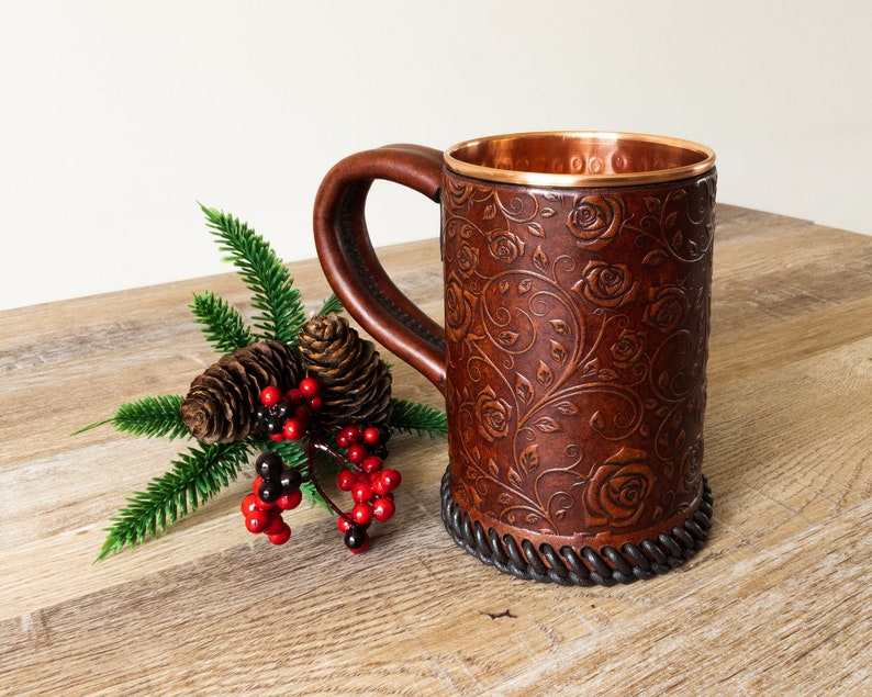 Embossed Leather Tankard Stein Mug Hammered Copper Interior Rose Pattern Design 22 oz 1 UK pint Hand Crafted image 2