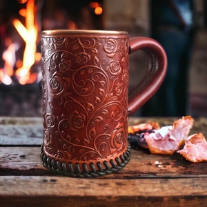 Embossed Leather Tankard Stein Mug Hammered Copper Interior Rose Pattern Design 22 oz 1 UK pint Hand Crafted image 1