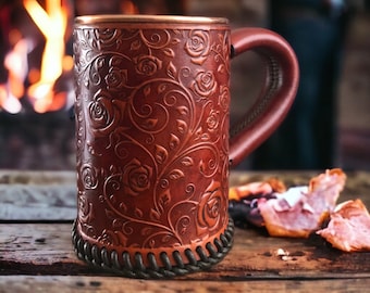 Embossed Leather Tankard - Stein - Mug - Hammered Copper Interior Rose Pattern Design - 22 oz - 1 UK pint Hand Crafted