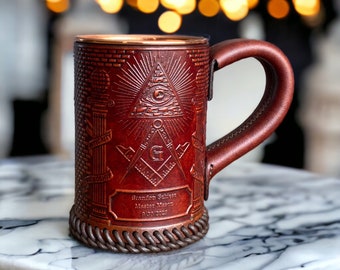 Custom Embossed Leather Tankard - Stein - Mug - Hammered Copper Interior Freemason Masonic Emblem Design - 22 oz - 1 UK pint - Hand Crafted