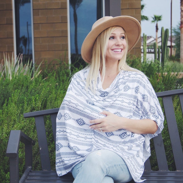 Lightweight Aztec Nursing Poncho / Doubles as a Carseat Cover / Gray and White / Full Coverage Nursing Cover