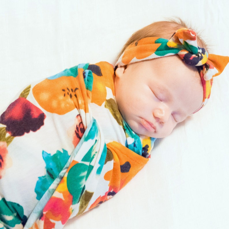 Colorful Floral Swaddle Set / Swaddle Blanket and Headband Set Etsy