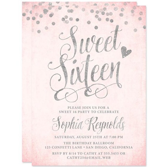 sweet 16 invitations blush pink silver confetti sweet sixteen