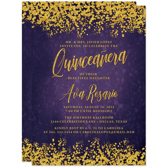 purple gold quinceañera invitations printed or personalized