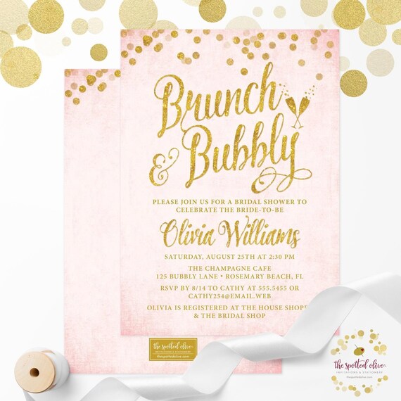 Blush Pink and Gold Brunch & Bubbly Bridal Shower Invitations | Etsy