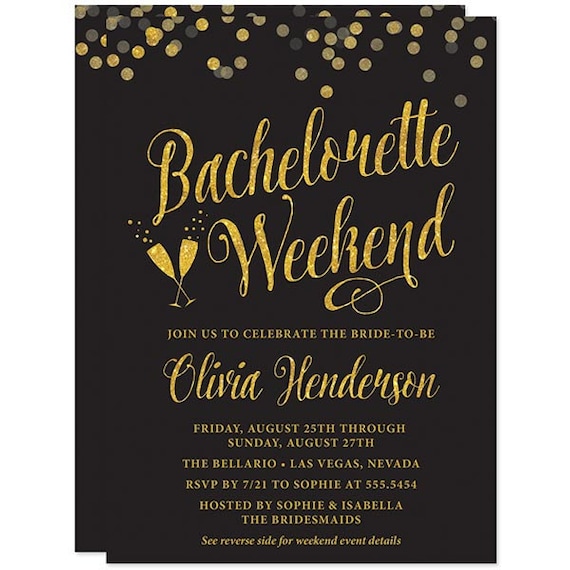 black and gold confetti bachelorette weekend invitations with
