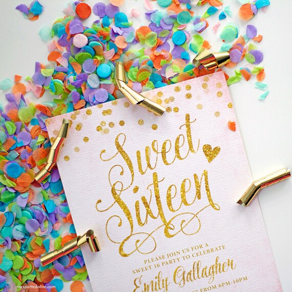 Blush Pink & Gold Confetti Sweet Sixteen Invitations, Printed Invitations or Personalized Digital File Il_570xn