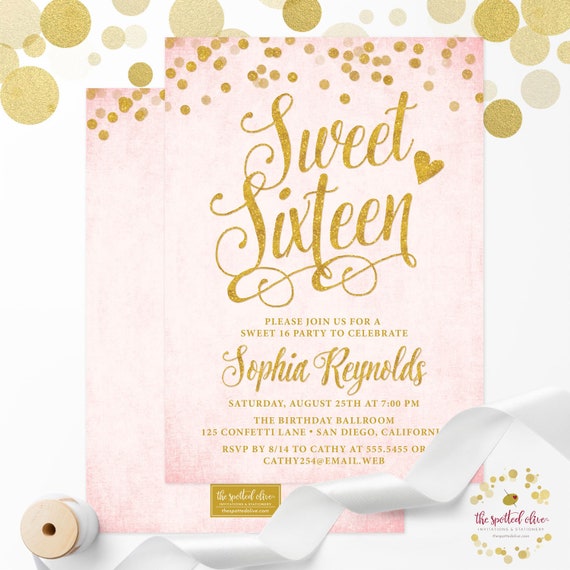 Pink & Gold Confetti Sweet 16 Invitations, Printed Invitations or Personalized Digital File Il_570xn