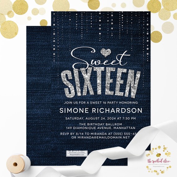 Denim & Diamonds Sweet 16 Invitations, Printed or Personalized Digital Printable File Il_570xn