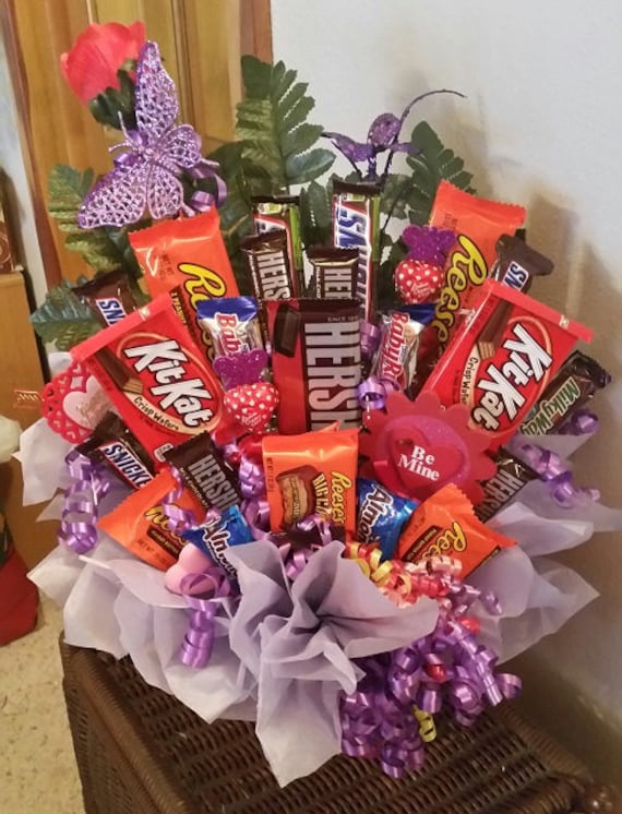 Happy Valentine's Day Candy Bouquet Purple Butterfly Kit Kats