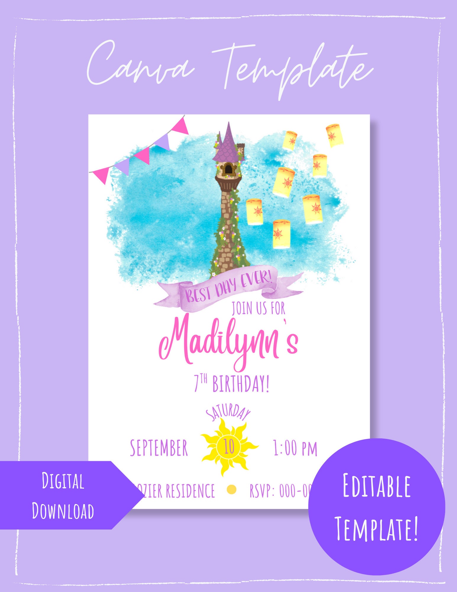 Tangled Rapunzel Birthday Invitation Editable Digital