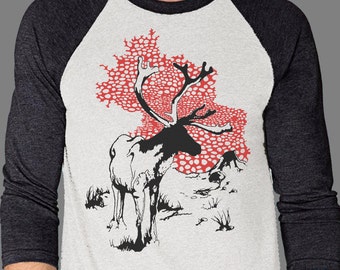 Tri blend 3/4 sleeve raglan Reindeer Amanita original drawing unisex T shirt - Most comfortable shirt ever!