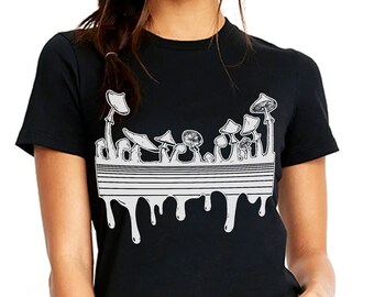 Damen Psychedelischer Pilz T-Shirt, Handbedruckte Baumwolle, Festival Mode