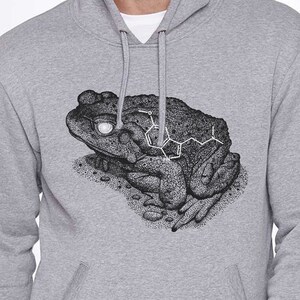May include: A gray hooded sweatshirt with a black and white illustration of a toad on the front.