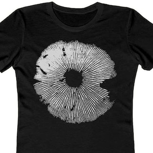 May include: Black women's t-shirt with a white mushroom graphic print.