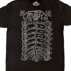 May include: Black t-shirt with a white graphic print of a musical scale with text in Latin. The graphic is a stylized tree with musical notes and scales.