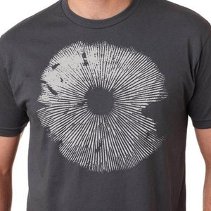 Spore Print shirt. Magic mushroom shirt with screen printed spore print from a b plus psilocybe cubensis.  Printed by hand on a super comfortable cotton fashion t shirt with eco friendly water based ink.