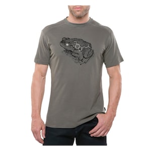 May include: A gray short-sleeved t-shirt with a black and white illustration of a toad with a chemical structure on its back.