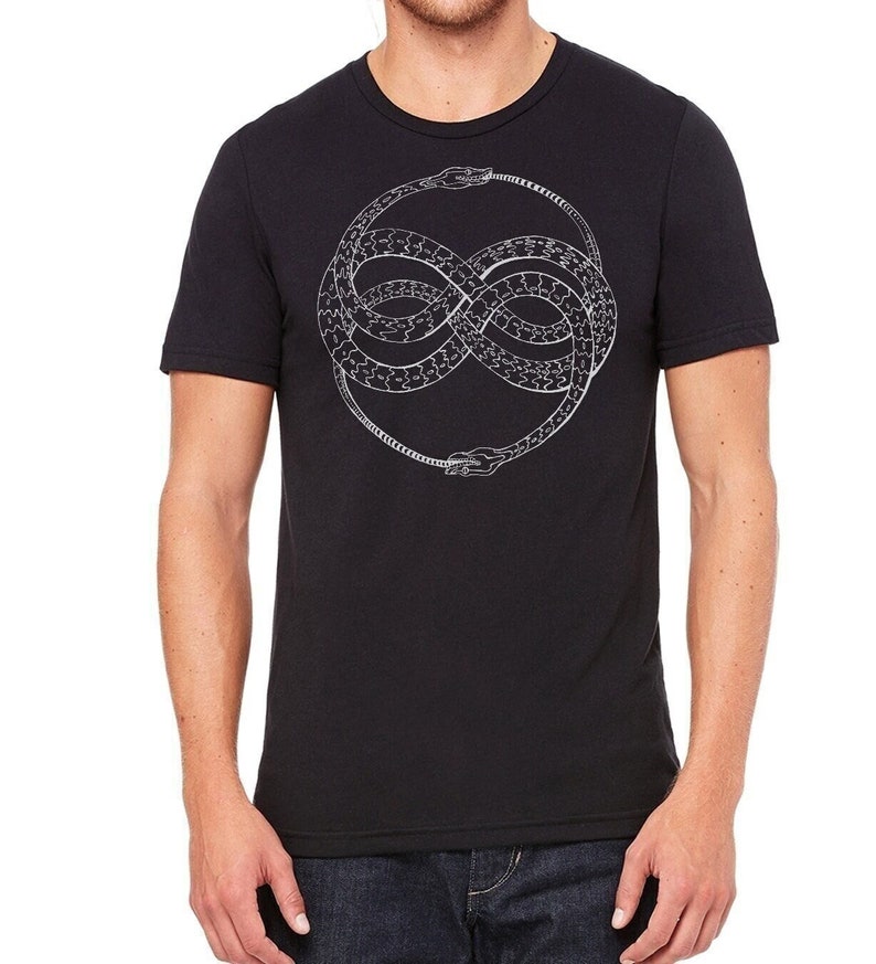 May include: A black t-shirt with a white graphic of two snakes intertwined to form an infinity symbol.