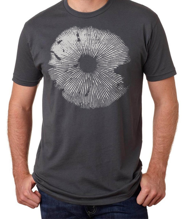 Spore Print shirt. Magic mushroom shirt with screen printed spore print from a b plus psilocybe cubensis.  Printed by hand on a super comfortable cotton fashion t shirt with eco friendly water based ink.