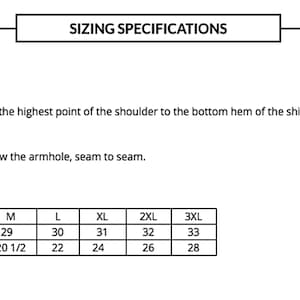 May include: Sizing chart for men's cotton crew shirts. The chart shows sizes XS to 3XL with measurements for high point shoulder length and bust width in inches.