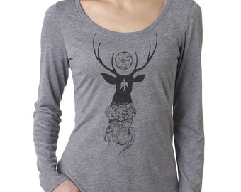 Ladies' Long Sleeve Triblend Peyote Deer original drawing art shirt