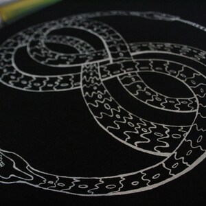 May include: A black t-shirt with a white design of two snakes intertwined in the shape of an infinity symbol.