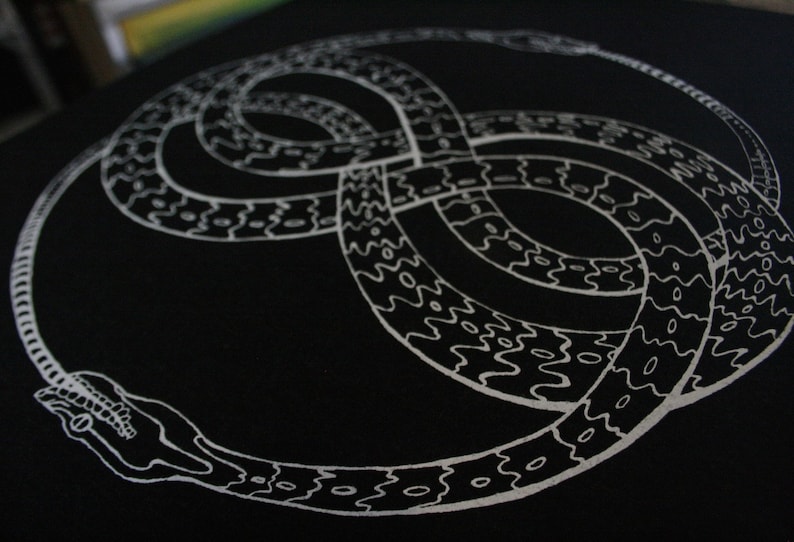 May include: A black t-shirt with a white design of two snakes intertwined in the shape of an infinity symbol.