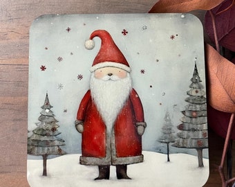 Christmas Coaster Set, Holiday Coasters, Whimsical Christmas, Santa, Snowman, Owl, Winter Village