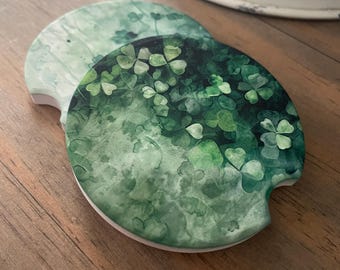 Car Coasters, Sandstone Coasters, Shamrock Coasters, St. Patrick's Day, Car Accessories, Four Leaf Clover, Car Decor