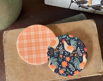 Farmhouse Style Sandstone Coaster Set, Cute Car Accessories, Beverage Hot Cold Cup Holder, Fall Autumn Farmhouse Florals